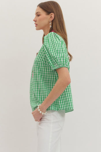 entro Classic Gingham Ruffle Top in Green