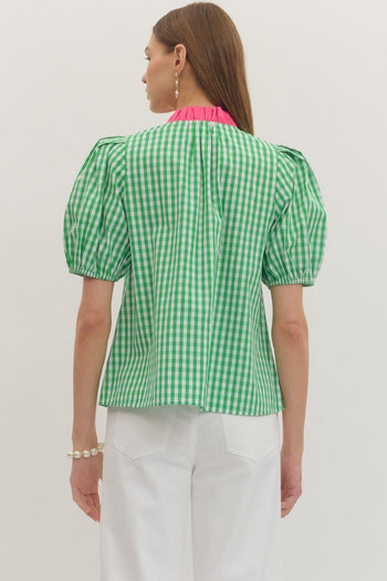 entro Classic Gingham Ruffle Top in Green