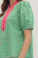 entro Classic Gingham Ruffle Top in Green