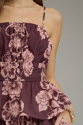 Entro Floral Print Sleeveless Peplum Top in Plum