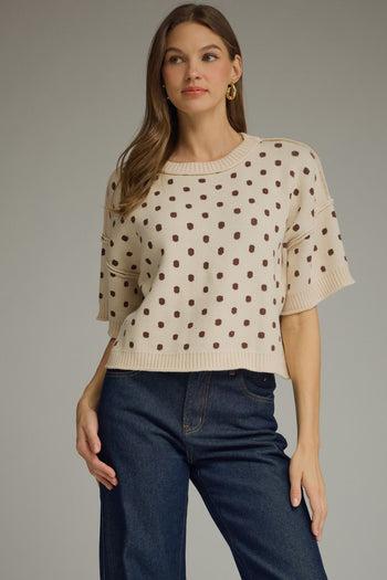 Entro Polka Dot Ribbed Sweater Knit Top in Ecru