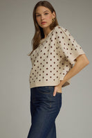 Entro Polka Dot Ribbed Sweater Knit Top in Ecru