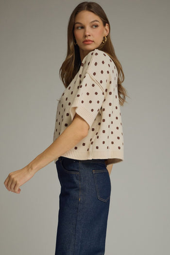 Entro Polka Dot Ribbed Sweater Knit Top in Ecru