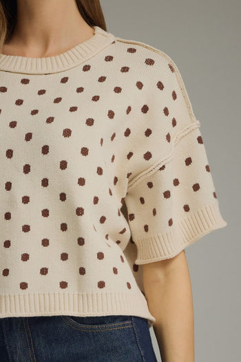Entro Polka Dot Ribbed Sweater Knit Top in Ecru