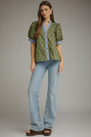 Entro Polka Dot Print Puff Sleeve Top in Olive