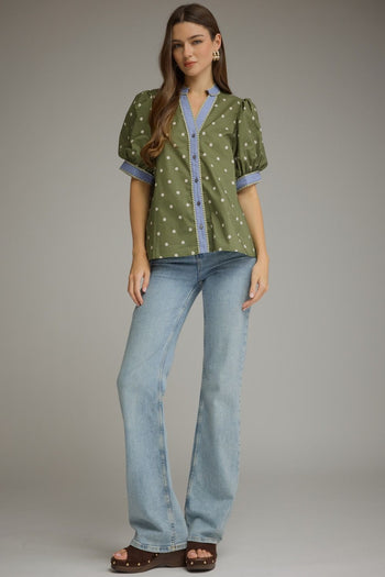 Entro Polka Dot Print Puff Sleeve Top in Olive