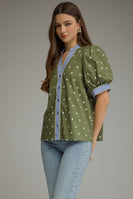 Entro Polka Dot Print Puff Sleeve Top in Olive