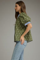 Entro Polka Dot Print Puff Sleeve Top in Olive
