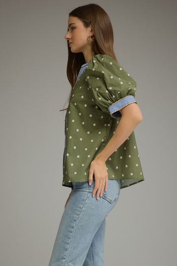 Entro Polka Dot Print Puff Sleeve Top in Olive