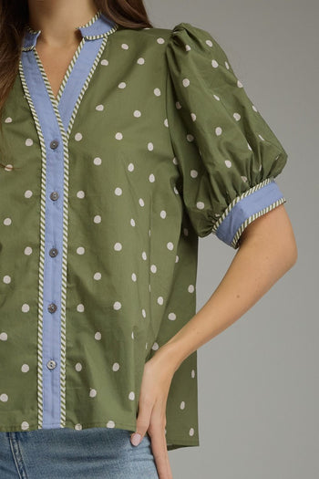 Entro Polka Dot Print Puff Sleeve Top in Olive