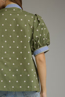 Entro Polka Dot Print Puff Sleeve Top in Olive