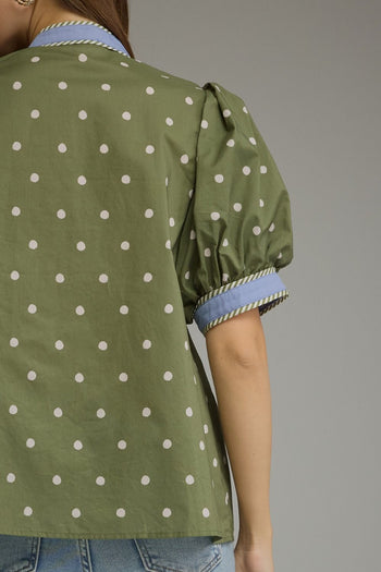 Entro Polka Dot Print Puff Sleeve Top in Olive