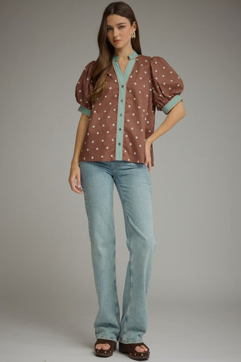 Entro Polka Dot Print Puff Sleeve Top in Brown