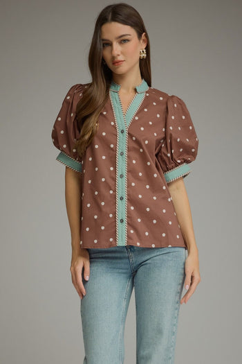 Entro Polka Dot Print Puff Sleeve Top in Brown