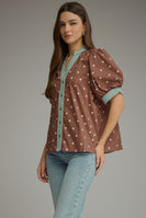 Entro Polka Dot Print Puff Sleeve Top in Brown