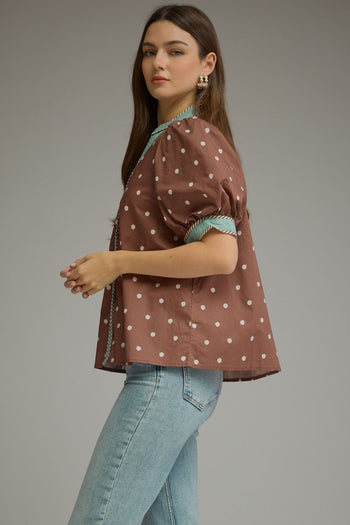 Entro Polka Dot Print Puff Sleeve Top in Brown