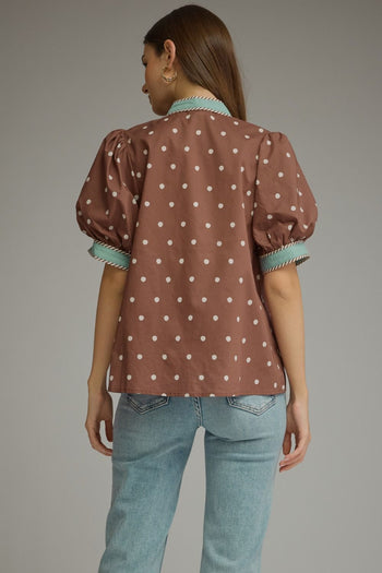 Entro Polka Dot Print Puff Sleeve Top in Brown