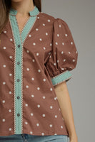 Entro Polka Dot Print Puff Sleeve Top in Brown