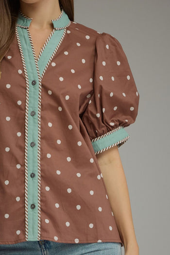 Entro Polka Dot Print Puff Sleeve Top in Brown