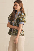Load image into Gallery viewer, Entro Floral Contrast Binding Puff Sleeve Top in Olive
