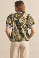 Entro Floral Contrast Binding Puff Sleeve Top in Olive