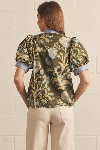 Entro Floral Contrast Binding Puff Sleeve Top in Olive