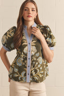 Entro Floral Contrast Binding Puff Sleeve Top in Olive
