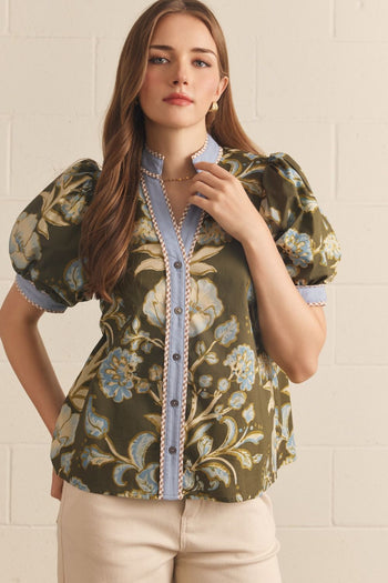 Entro Floral Contrast Binding Puff Sleeve Top in Olive