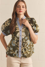 Load image into Gallery viewer, Entro Floral Contrast Binding Puff Sleeve Top in Olive
