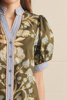 Entro Floral Contrast Binding Puff Sleeve Top in Olive