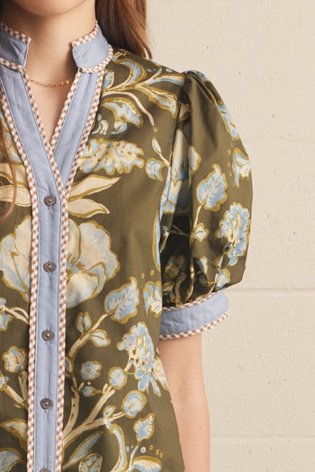 Entro Floral Contrast Binding Puff Sleeve Top in Olive