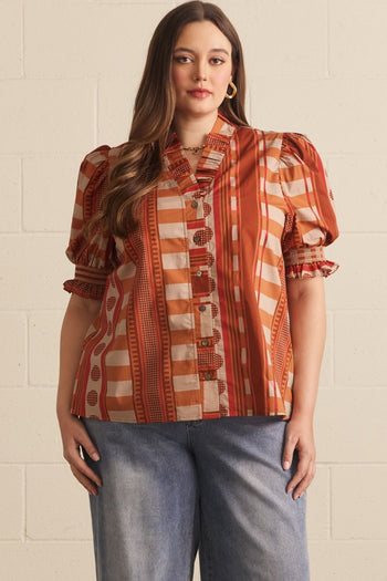 Entro Mixed Print Puff Sleeve Top in Cinnamon
