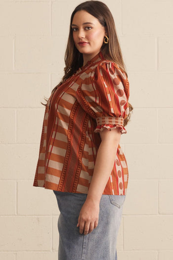 Entro Mixed Print Puff Sleeve Top in Cinnamon