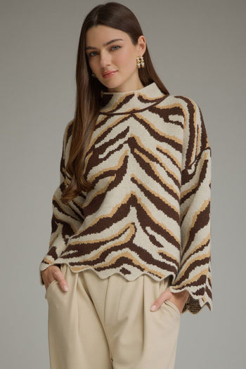 Entro Animal Print Scallop Trim Mock Neck Sweater in Oatmeal