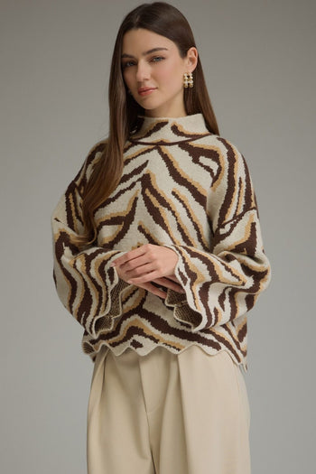 Entro Animal Print Scallop Trim Mock Neck Sweater in Oatmeal