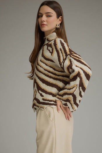 Entro Animal Print Scallop Trim Mock Neck Sweater in Oatmeal