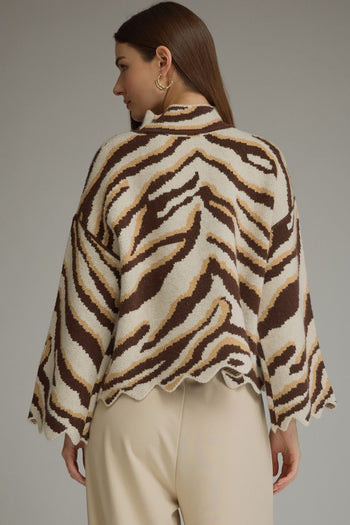 Entro Animal Print Scallop Trim Mock Neck Sweater in Oatmeal