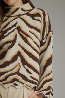Entro Animal Print Scallop Trim Mock Neck Sweater in Oatmeal