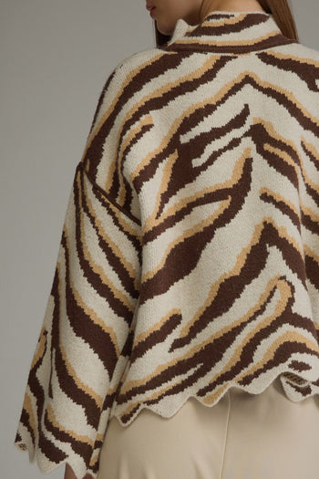 Entro Animal Print Scallop Trim Mock Neck Sweater in Oatmeal