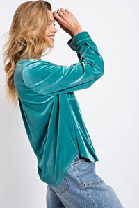 Easel Button Down Velvet Top in Seafoam Shirts & Tops Easel   