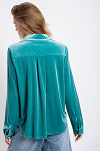 Easel Button Down Velvet Top in Seafoam Shirts & Tops Easel   