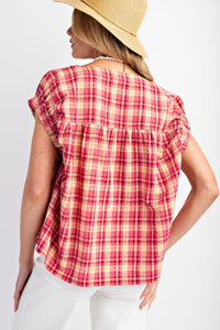 Easel Plaid Pattern Top in Hot Pink Shirts & Tops Easel   