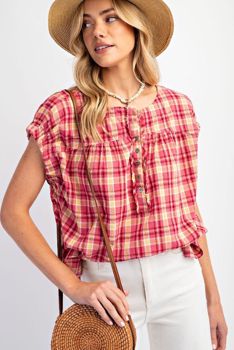 Easel Plaid Pattern Top in Hot Pink Shirts & Tops Easel   