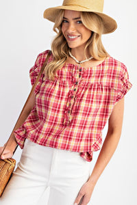 Easel Plaid Pattern Top in Hot Pink Shirts & Tops Easel   