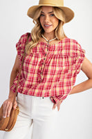 Easel Plaid Pattern Top in Hot Pink Shirts & Tops Easel   