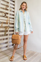 Easel Irregular Striped Button Down Shirt in Aqua Blue Shirts & Tops Easel   