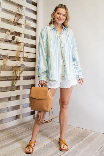 Easel Irregular Striped Button Down Shirt in Aqua Blue Shirts & Tops Easel   