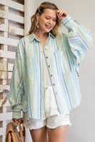 Easel Irregular Striped Button Down Shirt in Aqua Blue Shirts & Tops Easel   