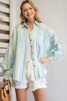 Easel Irregular Striped Button Down Shirt in Aqua Blue Shirts & Tops Easel   