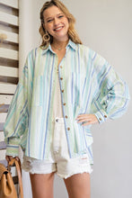 Load image into Gallery viewer, Easel Irregular Striped Button Down Shirt in Aqua Blue Shirts &amp; Tops Easel   
